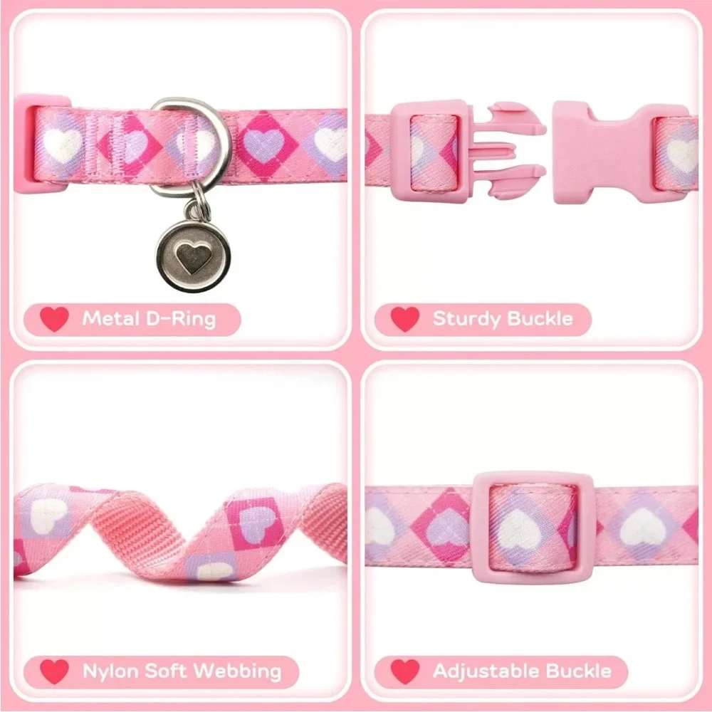 Azuza XS Extra Small Dog Collar With Bow Tie, Lovely Pink & Purple Heart Pattern